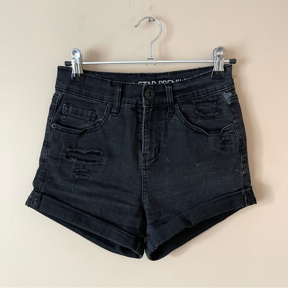 VANILLA STAR | Black High Waisted Rolled Cuff Denim Jean Shorts Sz 3 - Picture 1 of 4